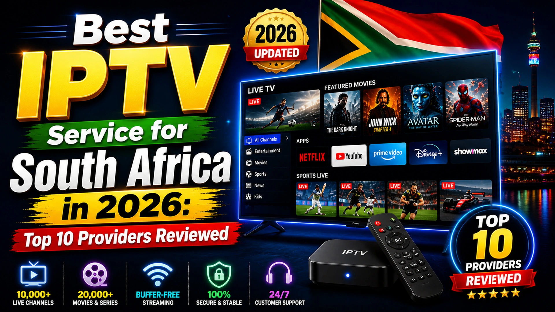 Best IPTV service for South Africa in 2026 showing live TV channels, sports, movies and an IPTV box with remote — top 10 providers reviewed