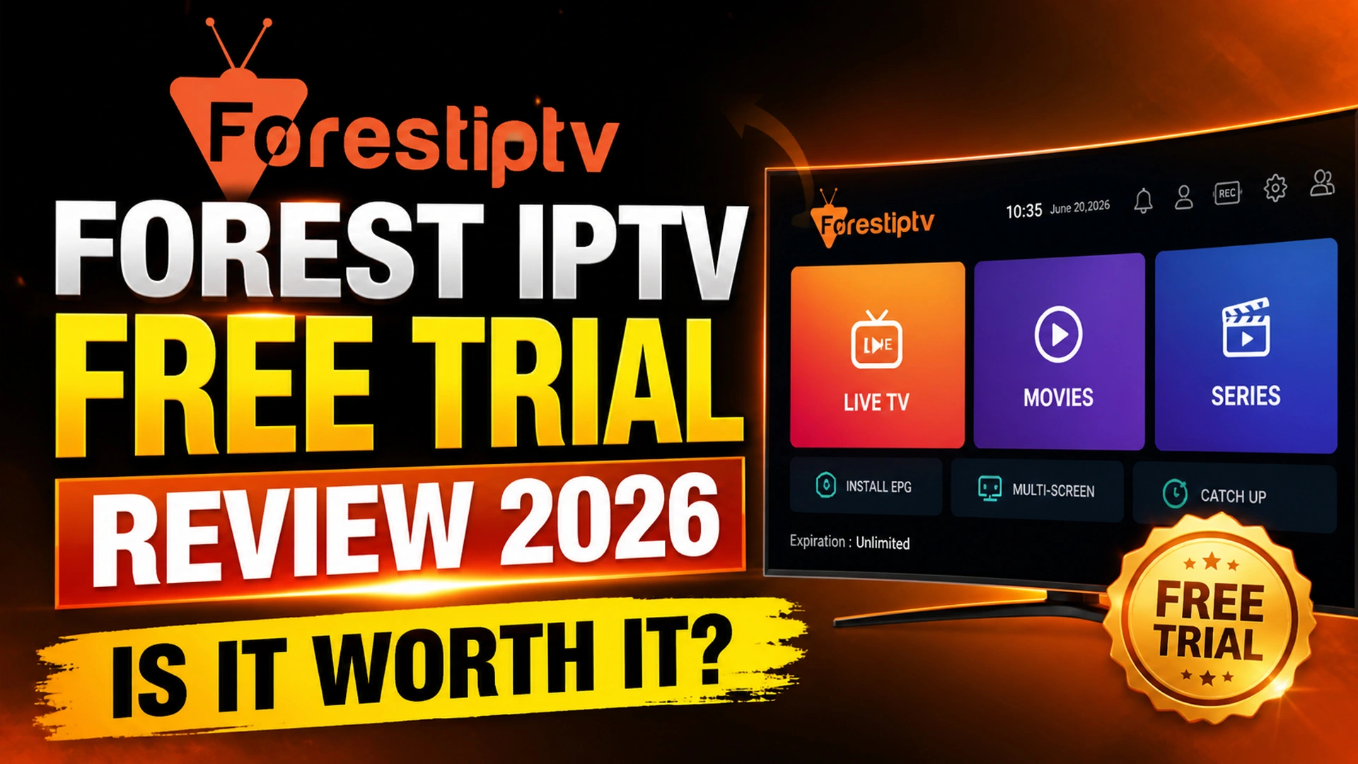 Forest IPTV free trial review 2026 showing the app interface with Live TV, Movies, and Series on a smart TV