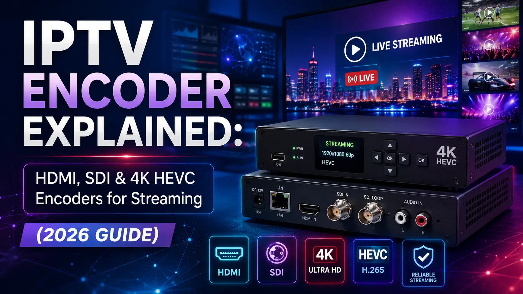 HDMI and SDI IPTV encoder converting camera video into an HLS stream