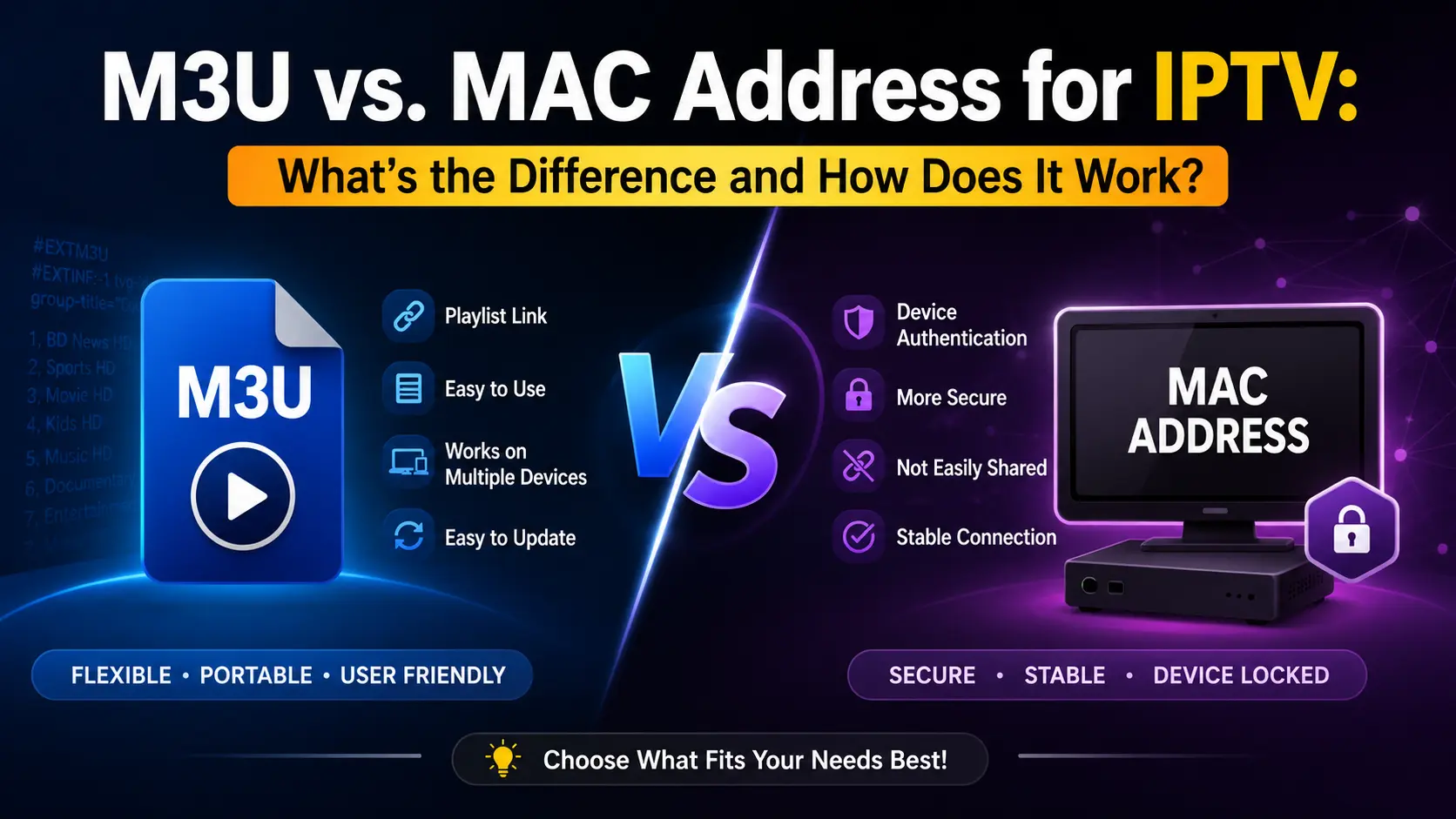Infographic comparing M3U and MAC address IPTV authentication methods, showing M3U as flexible and portable versus MAC address as secure and device-locked