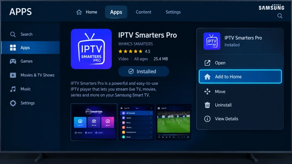 Add to Home option for an IPTV app on a Samsung Smart TV