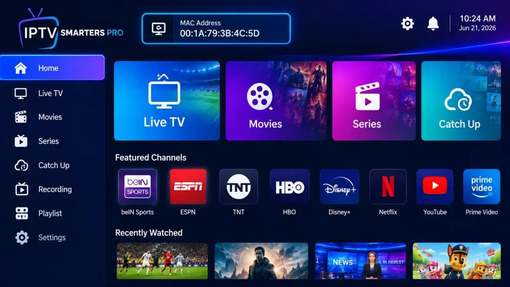 MAC address displayed on the start screen of an IPTV player for Samsung TV