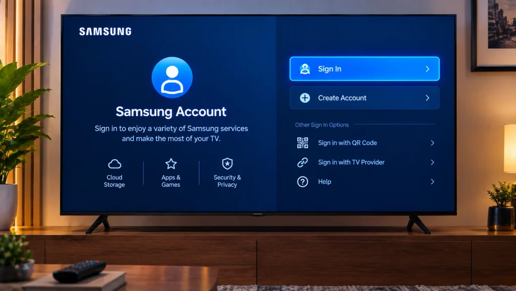 Samsung account sign-in screen on a Samsung Smart TV