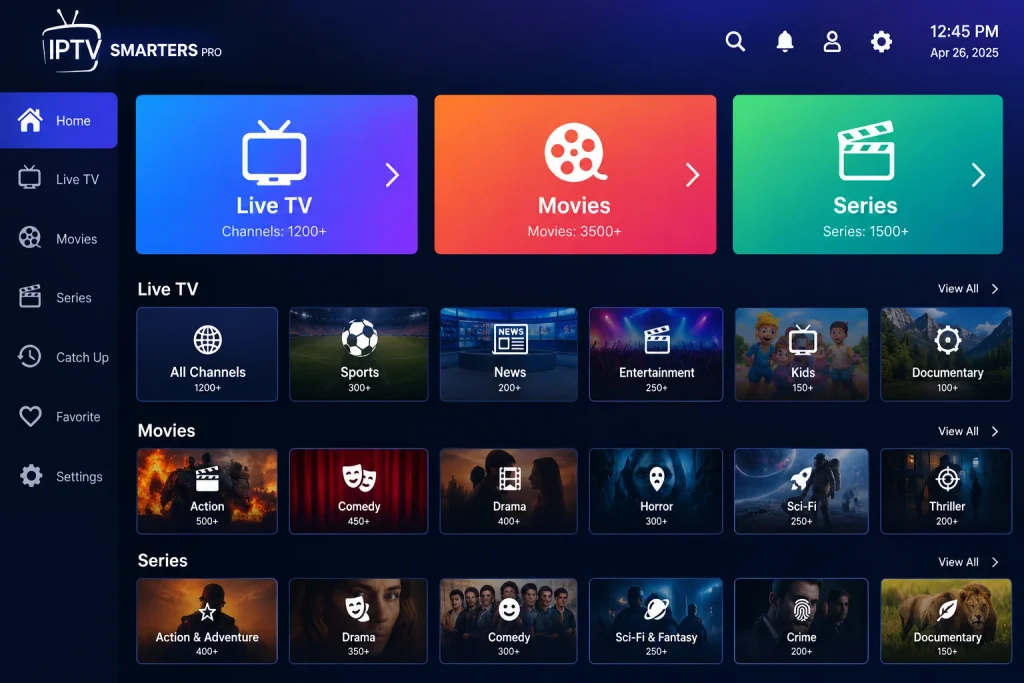 Live TV, Movies, and Series categories loaded in an IPTV app on a Samsung Smart TV
