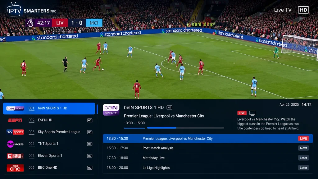 Live IPTV channel playing on a Samsung Smart TV with the EPG program guide visible