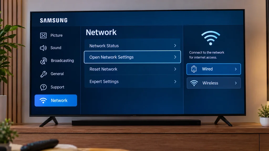 Samsung Smart TV Network Settings screen with Wired and Wireless connection options