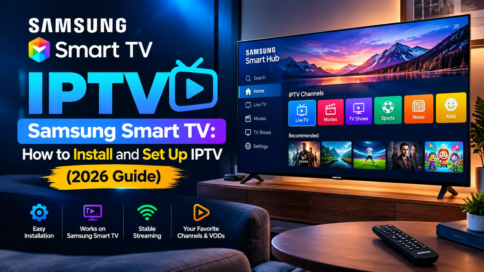 IPTV Samsung Smart TV setup showing an IPTV player app on a Samsung TV home screen