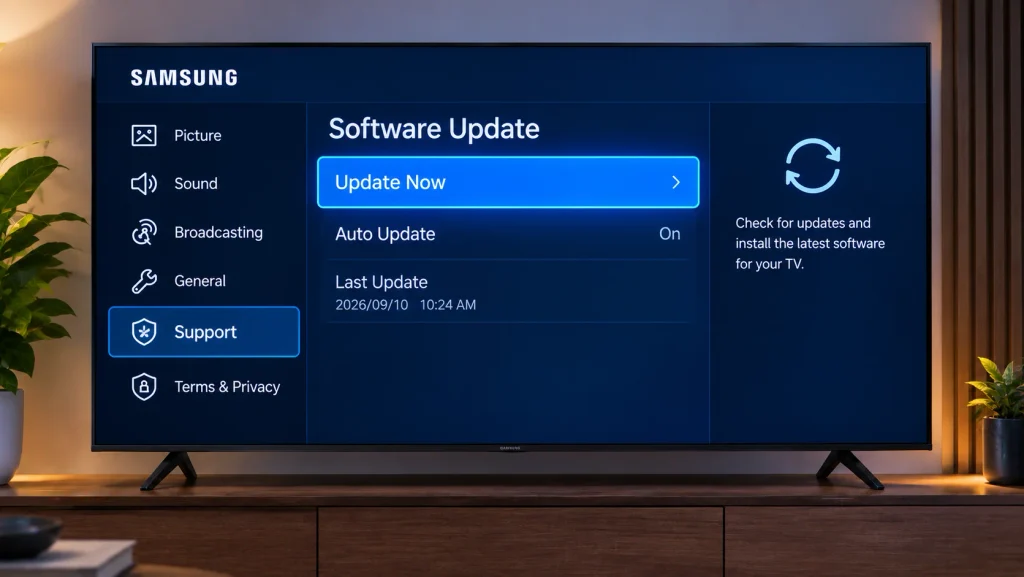 Samsung Smart TV Software Update menu with Update Now selected