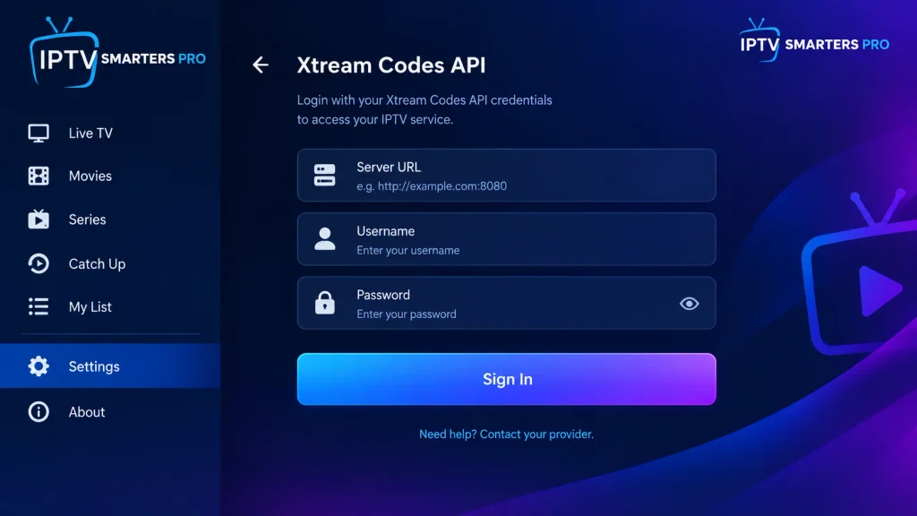 Xtream Codes login form with username, password, and server URL fields on a Samsung TV