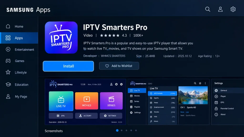 IPTV Smarters Pro app page in the Samsung Apps store with the Install button