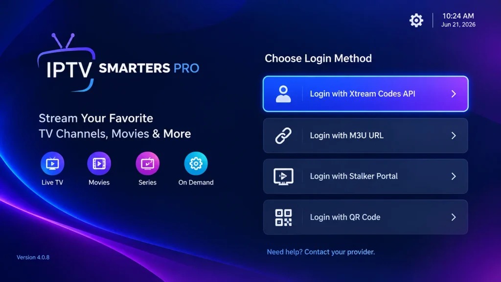 IPTV Smarters Pro login options screen on a Samsung TV with Xtream Codes API