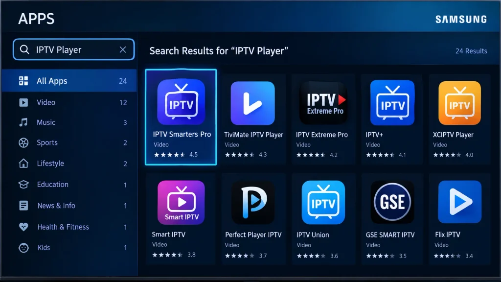 Samsung Apps store search results showing an IPTV player for Samsung TV